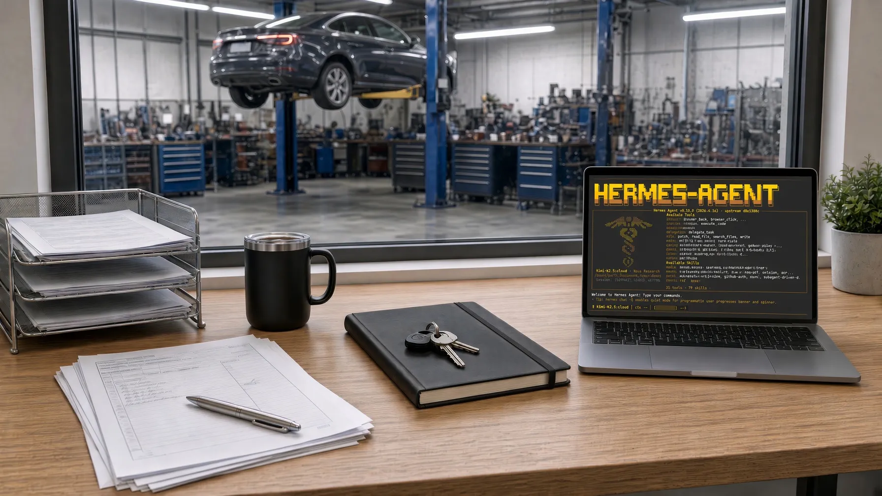 Bureau d'un garage : ordinateur portable affichant l'interface Hermes Agent, devis et carnet sur le bureau, voiture sur pont élévateur derrière la vitre