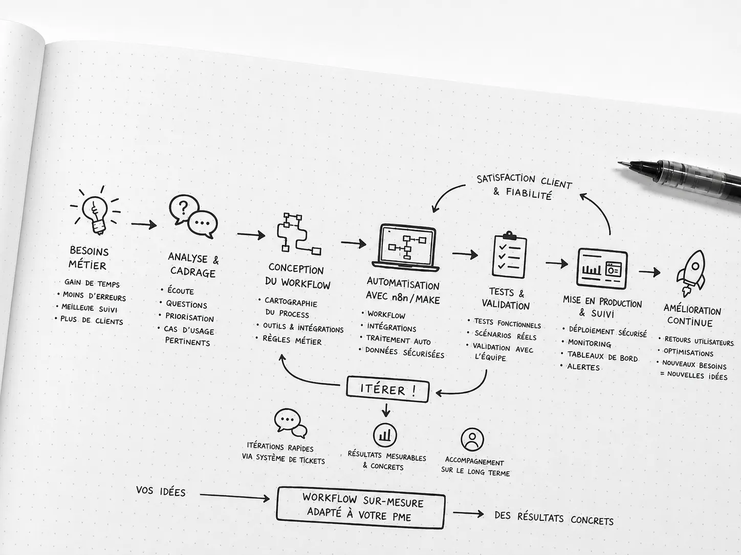 Croquis dessiné à la main du parcours d'un projet d'automatisation : besoins métier, analyse et cadrage, conception du workflow, automatisation avec n8n ou Make, tests et validation, mise en production et suivi, puis amélioration continue — avec une boucle d'itération menant d'une idée à des résultats concrets.